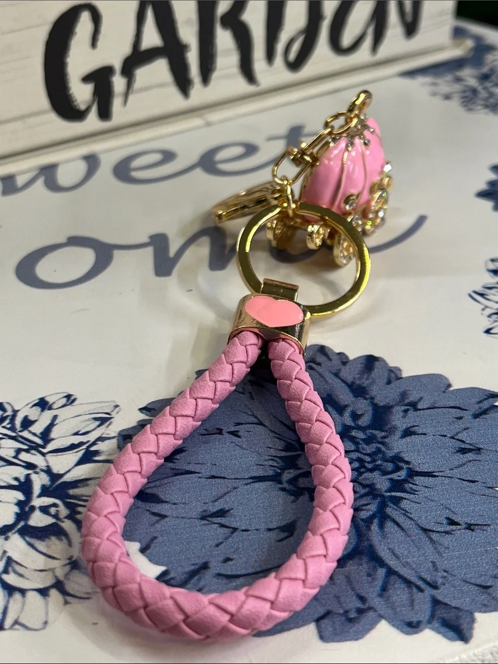 Pink Braided Strap Keychain with Gold Carriage Charm